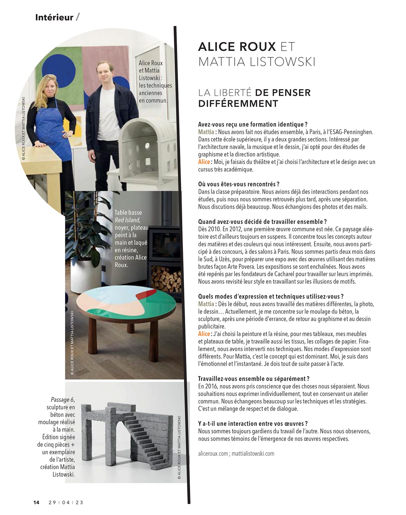 mattia listowski presse art design décoration sculpture dessin photographie le soir supplément so soir interview couple artiste alice roux bruxelles avril 2023