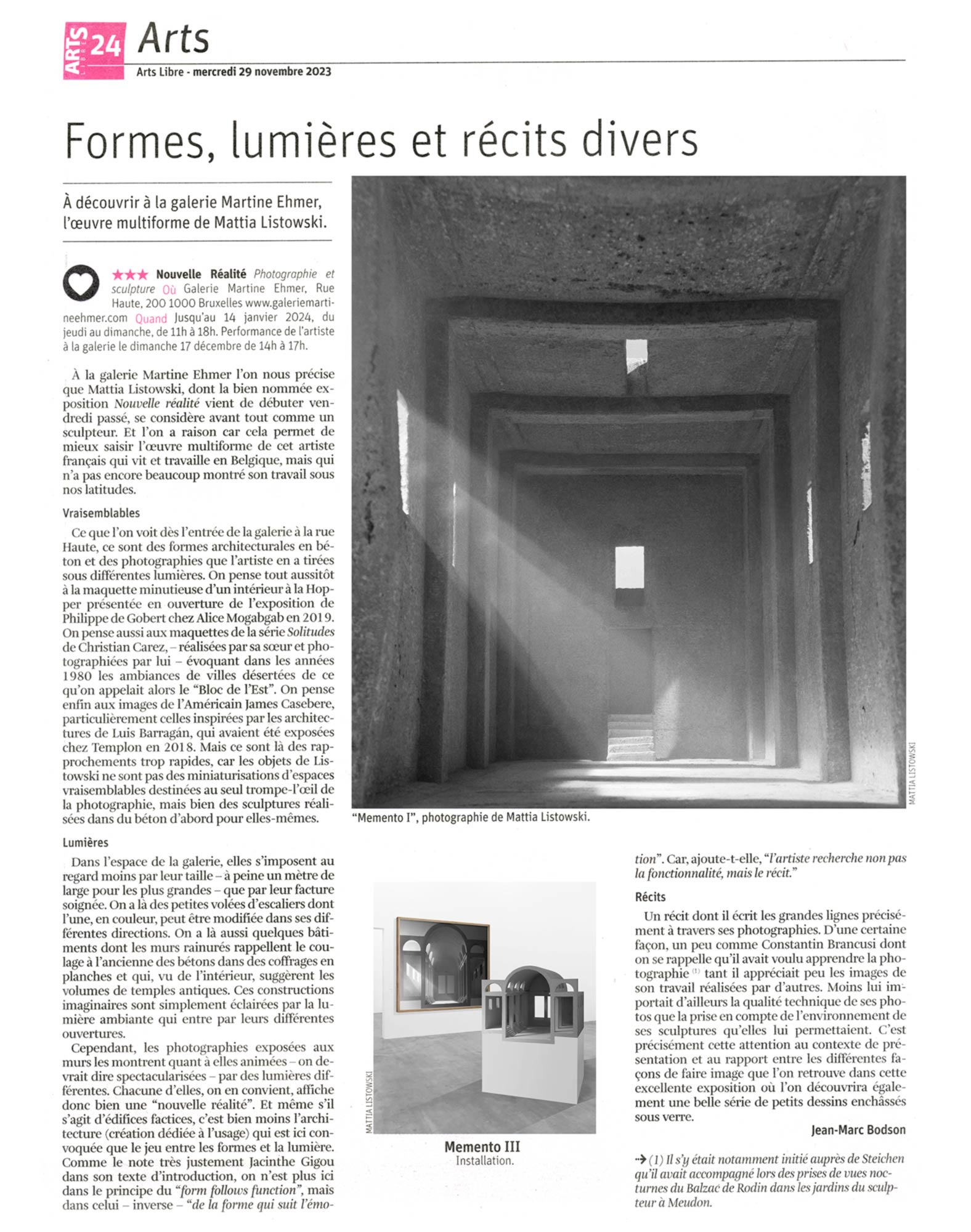 mattia listowski presse art design architecture formes lumieres et recits divers sculpture dessin photographie la libre belgique jean marc bodson bruxelles 2023