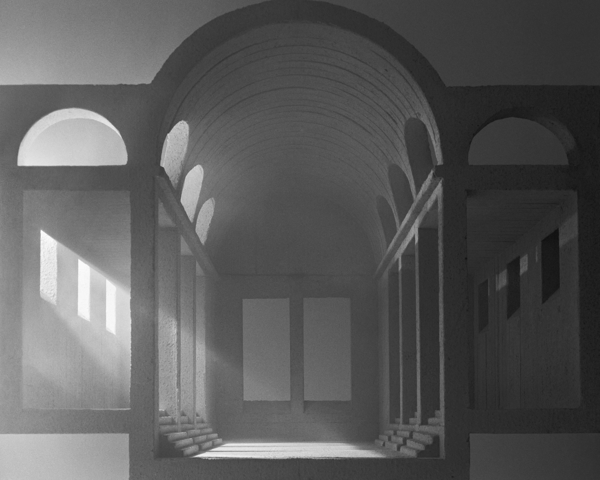 mattia listowski art décoration brutalisme mise en scène scénographie décor sculpture maquette béton photographie noir et blanc chambre moyen format tirage argentique grand format memento III église temple cathédrale château lumière divine édition limitée numérotée signée paris bruxelles 2022