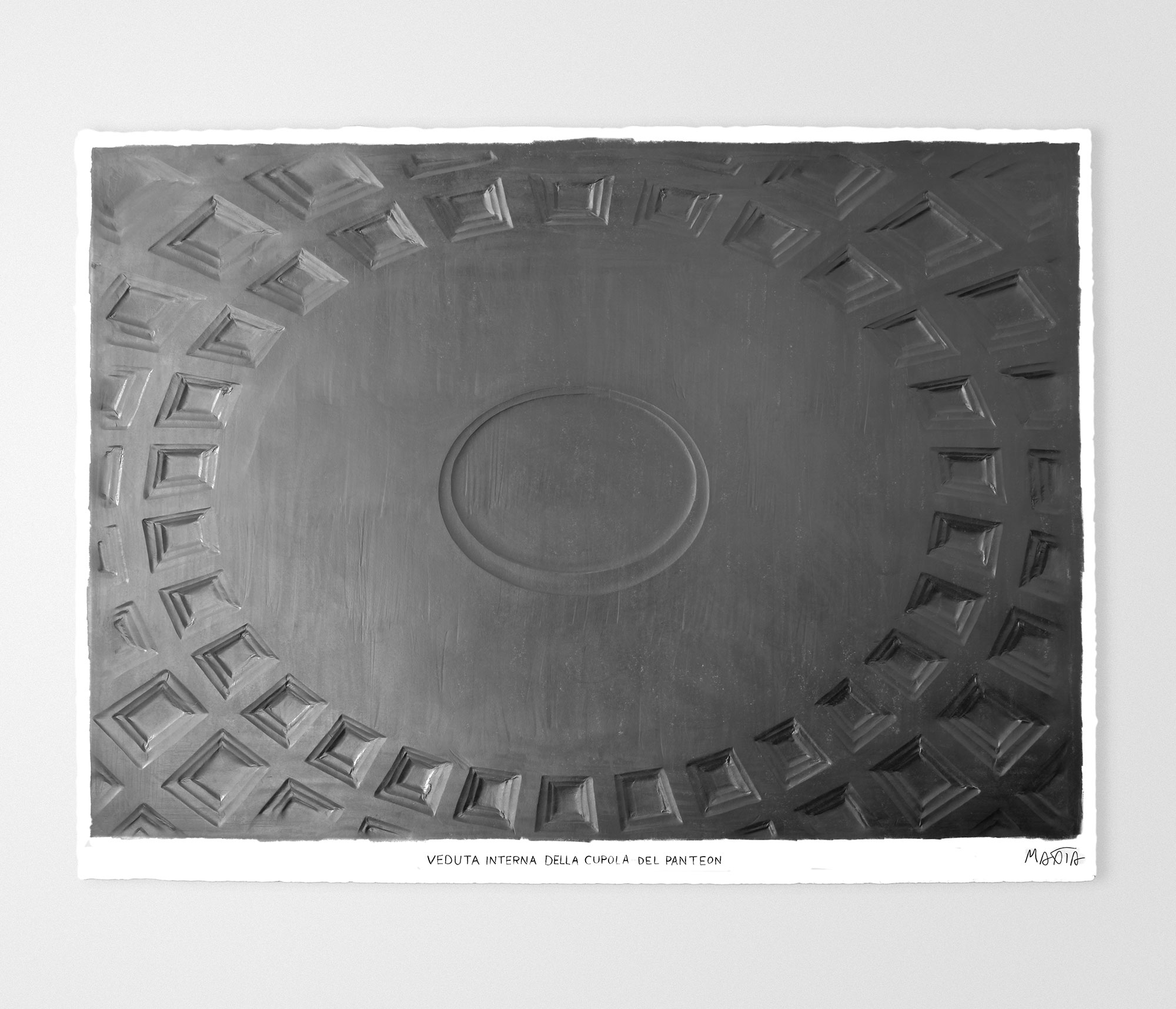 mattia listowski art sculpture peinture dessin perspective graphite sur papier graphite 0003 vue interne de la couple du panthéon rome oeuvre unique signée paris bruxelles 2024
