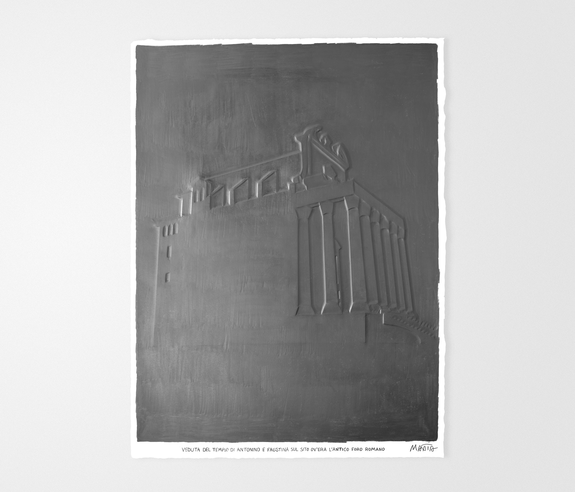 mattia listowski art sculpture peinture dessin perspective graphite sur papier graphite 0004 vue du temple d'Antonin et Faustine forum romain rome oeuvre unique signée paris bruxelles 2024