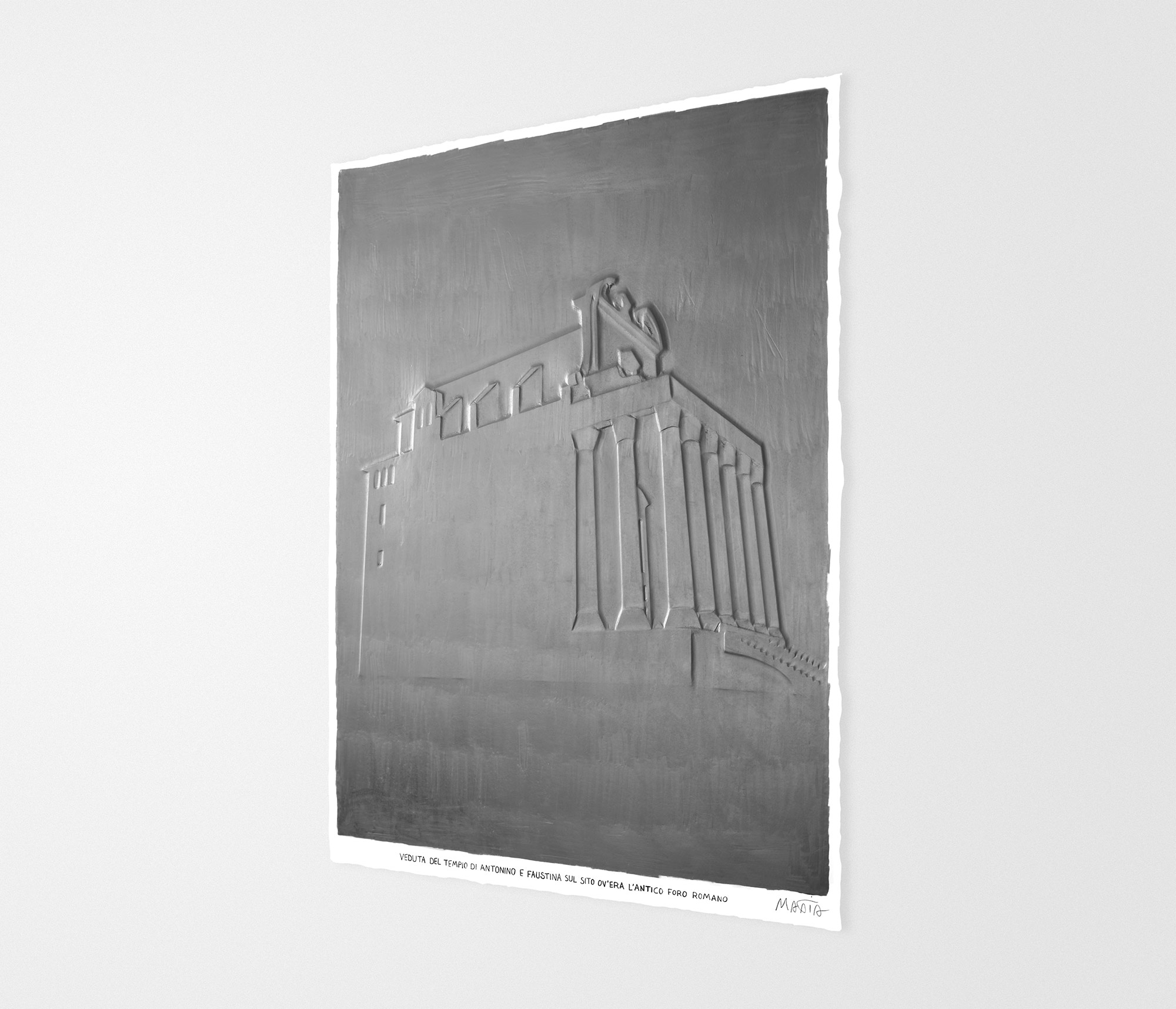 mattia listowski art sculpture peinture dessin perspective graphite sur papier graphite 0004 vue du temple d'Antonin et Faustine forum romain rome oeuvre unique signée paris bruxelles 2024